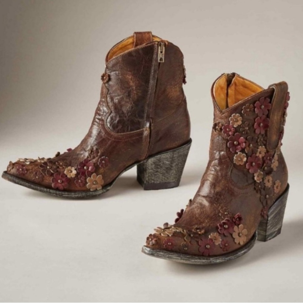 Old Gringo Hippy Dance Boots Burnished Leather 3D Appliquéd Studded Flowers 7.5B - Picture 1 of 16